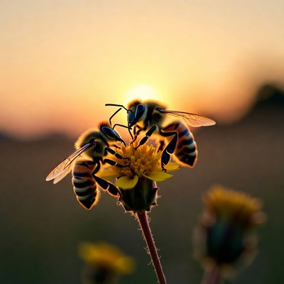 Bees Pollinating Yellow Flower at Sunset