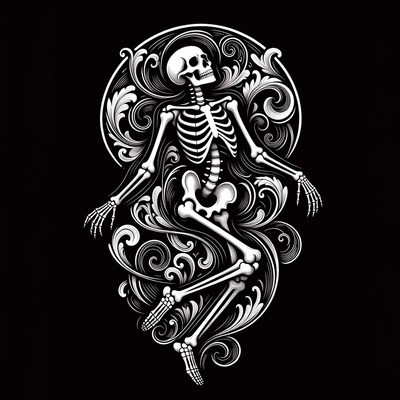Floating Skeleton in Ornate Swirls