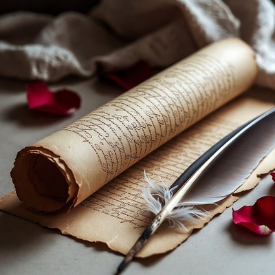 Rolled parchment with quill and roses