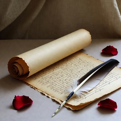 Rolled parchment with quill and rose petals