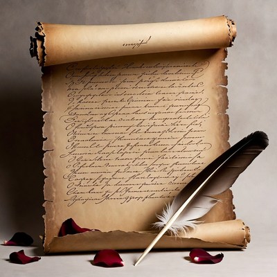 Rolled parchment scroll with quill and roses