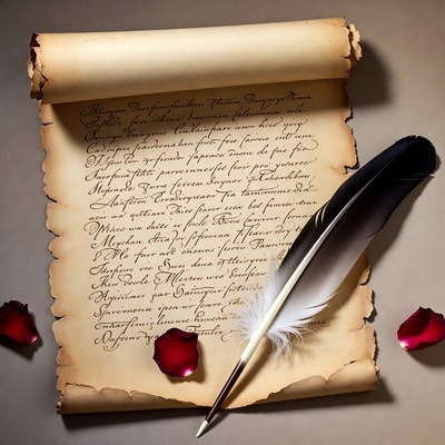Ancient Scroll with Quill and Rose Petals