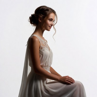 Woman in white lace dress profile