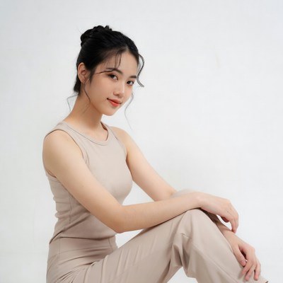 Asian woman sitting in beige tank top