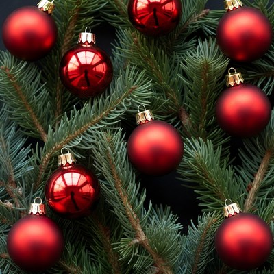 Red Christmas baubles on fir branches