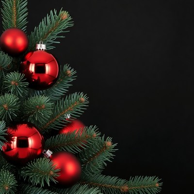 Red Christmas baubles on fir branch