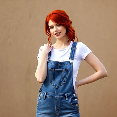 Redhead woman in denim overalls