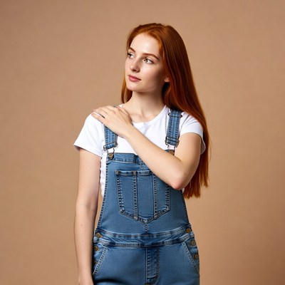 Redhead woman in denim overalls