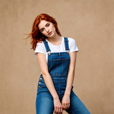 Redhead woman in blue overalls