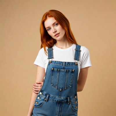 Redhead woman in blue overalls