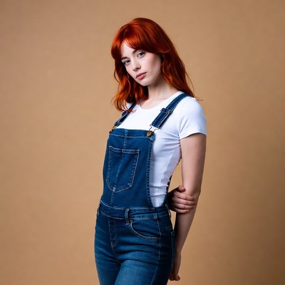 Redhead woman in denim overalls