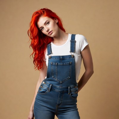 Redhead woman in denim overalls