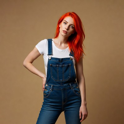 Woman with red hair in denim overalls