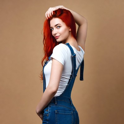 Redhead woman in denim overalls