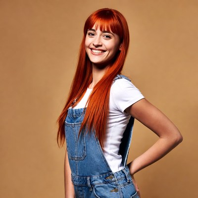 Woman with long red hair in denim overalls