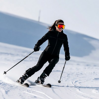 Woman skiing down snowy slope