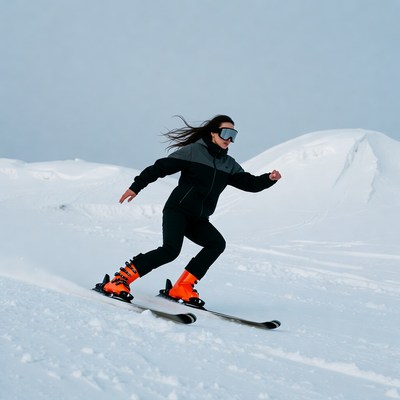 Woman skiing down snowy slope