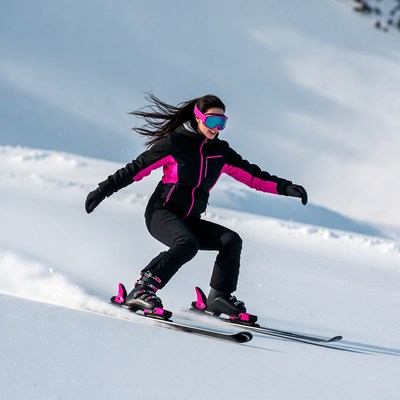 Woman skiing down snowy slope