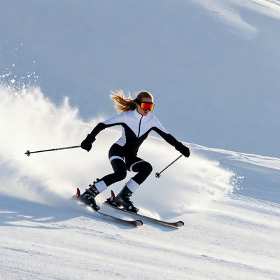 Woman skiing down snowy slope