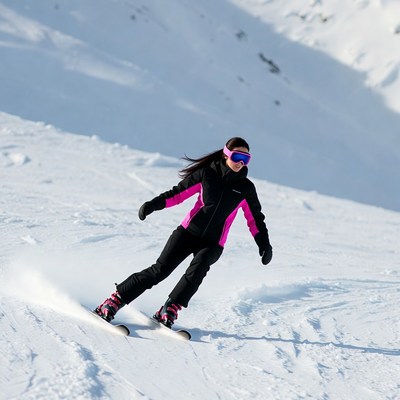 Woman skiing down snowy mountain slope