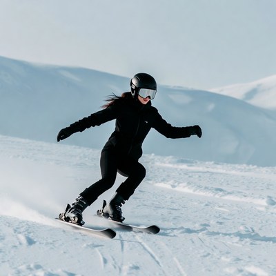 Woman skiing down snowy mountain