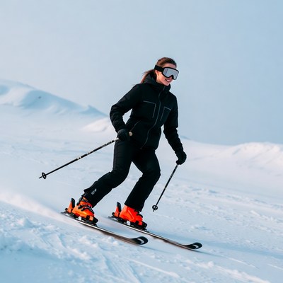 Woman skiing down snowy slope