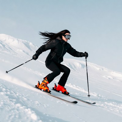 Woman skiing down snowy slope