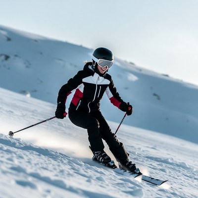 Woman skiing down snowy slope