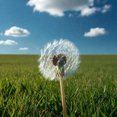 Dandelion in green field under blue sky