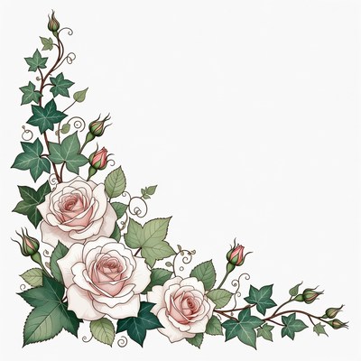 Pink Roses and Ivy Corner Illustration