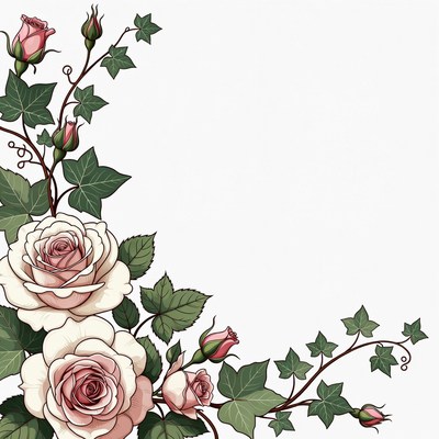 Pink Roses and Ivy Corner Illustration