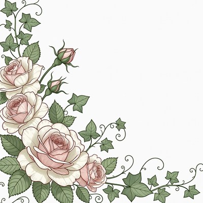 Pink Roses Ivy Corner Illustration