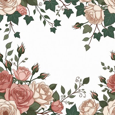 Pink Roses and Ivy Border Illustration