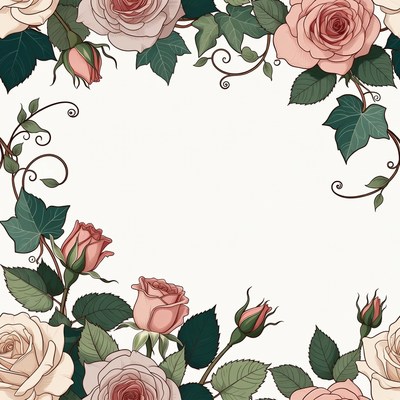 Pink Roses with Ivy Border Illustration