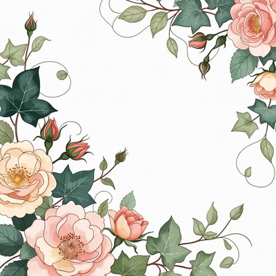 Pink Roses with Ivy Illustration