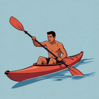 Muscular man paddling red kayak
