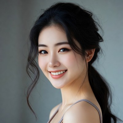 Smiling Asian woman with black hair