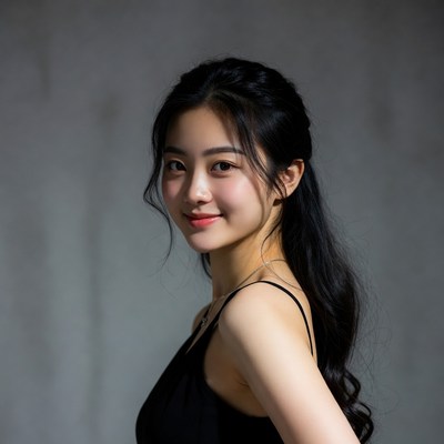 Asian woman in black slip dress