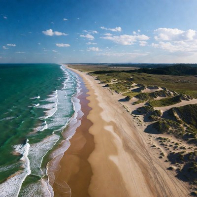 Aerial View of Beach with Dunes and Ocean