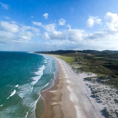 Aerial View of Sandy Beach and Ocean