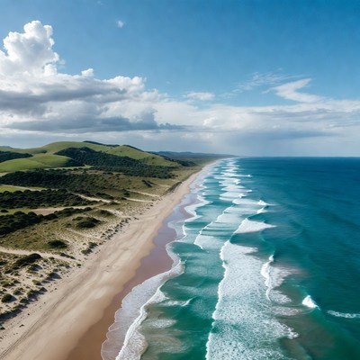 Aerial View of Coastal Beach and Green Hills