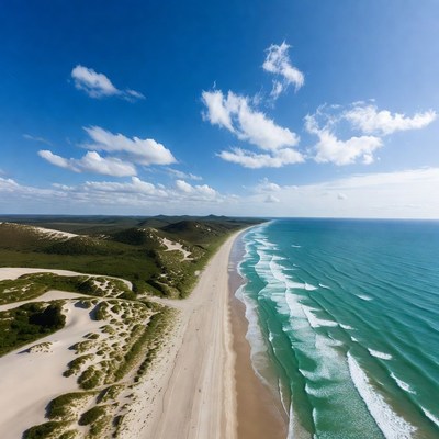Aerial View of Sandy Beach and Ocean
