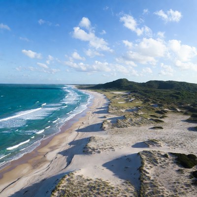 Aerial View of Sandy Beach with Dunes