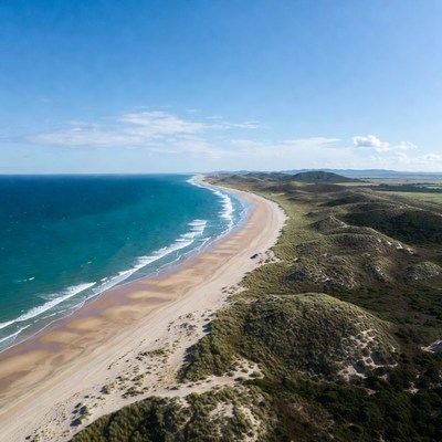 Aerial View of Sandy Beach with Dunes