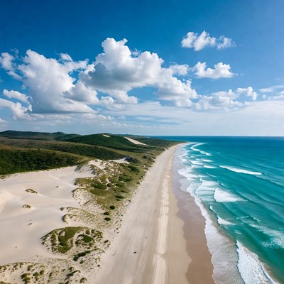 Aerial View of Sandy Beach and Ocean