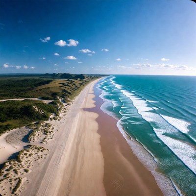 Aerial View of Sandy Beach and Ocean