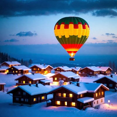Hot Air Balloon Over Snowy Mountain Village
