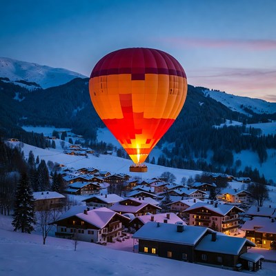 Hot Air Balloon over Snowy Alpine Village