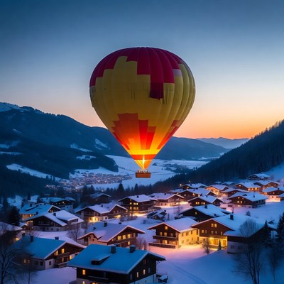 Hot air balloon over snowy alpine village