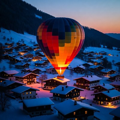 Hot Air Balloon over Snowy Mountain Village
